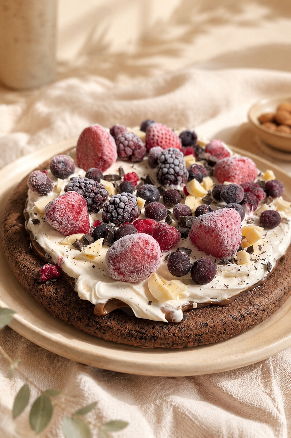 Brownie entero con DDL, crema y frutos rojos